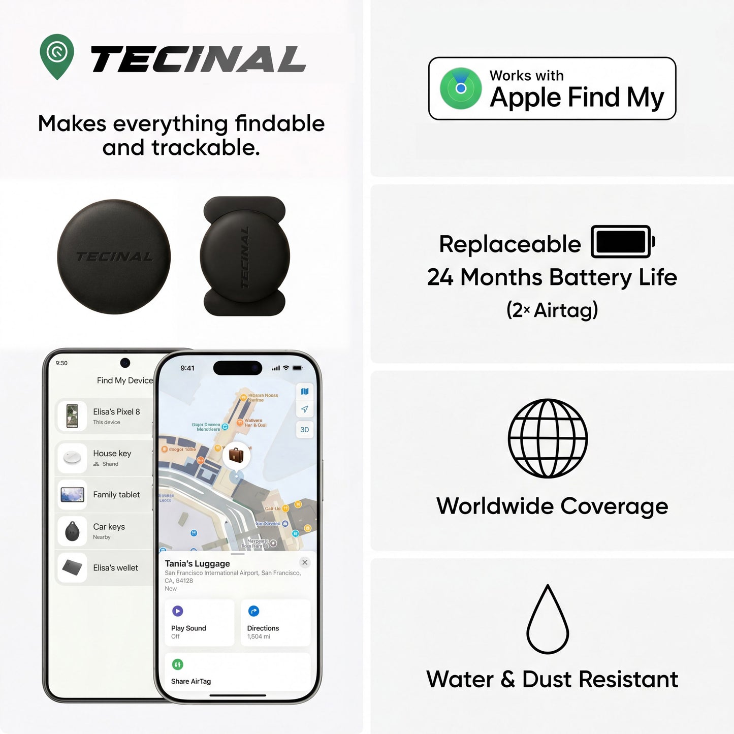 Tecinal™ Anti-Theft Car, Bike, RV, Trailer, Keys, Bags & More Tracker